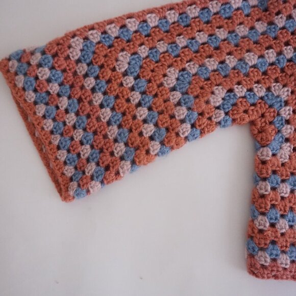 Handmade Crochet Granny Square Cardigan Dusty Rose & Blue Balletcore Sweater S - Picture 10 of 11